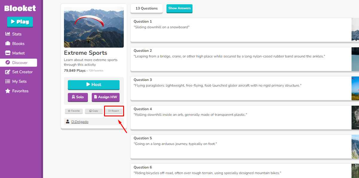 Reporting Inappropriate Sets in Blooket